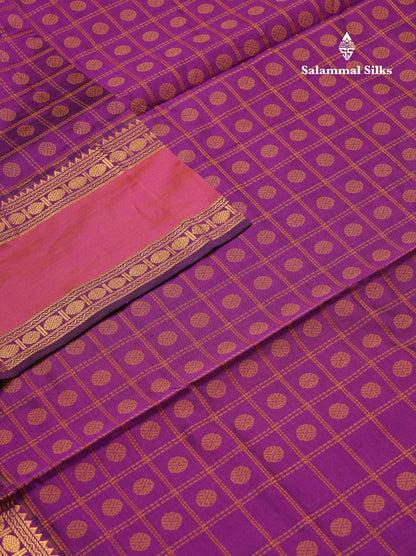 Beautiful Violet Thread Checks And Buttas Semi Silk Cotton Saree With Contrast Mustard Yellow Traditional Double Border
