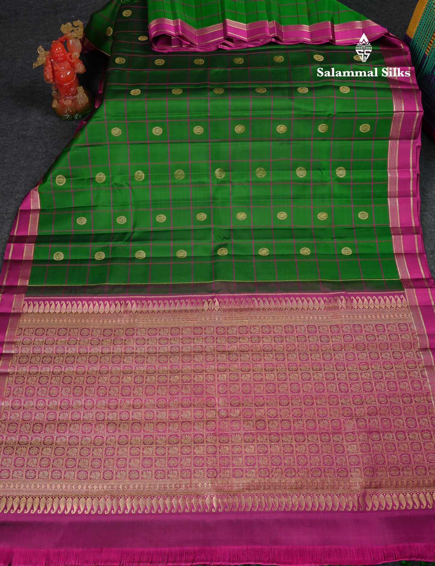 Beautiful Bottle Green Checks With Butta Pure Kanjivaram Silk Saree With Contrast Magenta Traditional Medium Gap Border