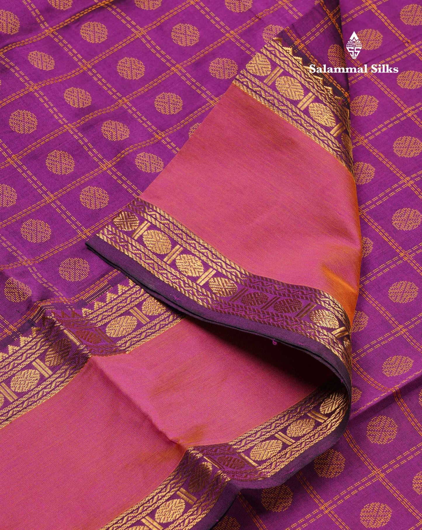 Beautiful Violet Thread Checks And Buttas Semi Silk Cotton Saree With Contrast Mustard Yellow Traditional Double Border