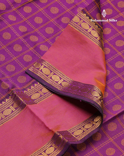 Beautiful Violet Thread Checks And Buttas Semi Silk Cotton Saree With Contrast Mustard Yellow Traditional Double Border