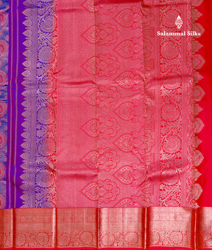 Beautiful Violet Bridal Pure Kanjivaram Silk Saree With Contrast Chilly Red Border
