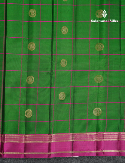Beautiful Bottle Green Checks With Butta Pure Kanjivaram Silk Saree With Contrast Magenta Traditional Medium Gap Border