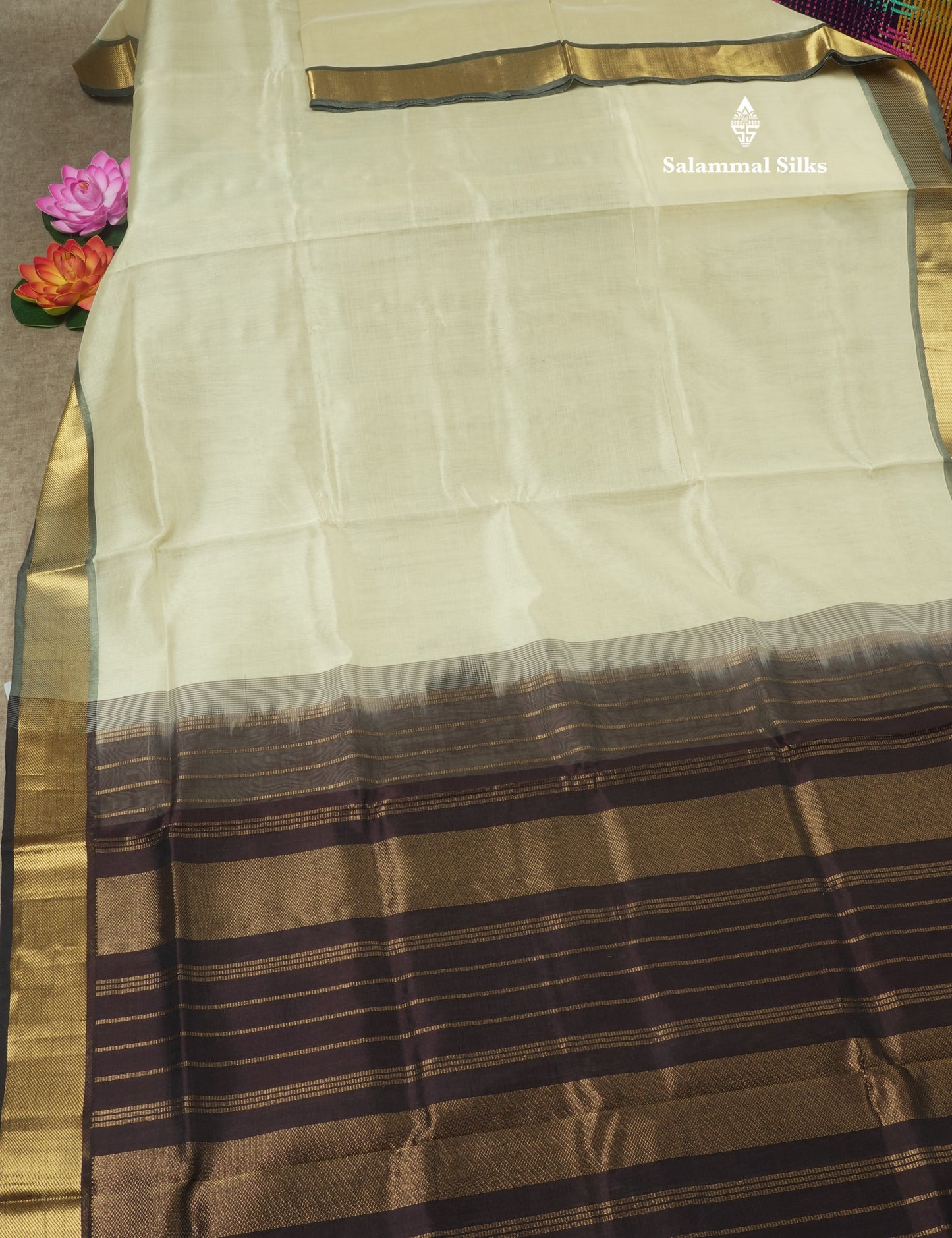 Half White Plain Pure Silk Cotton Saree With Gold Zari Border