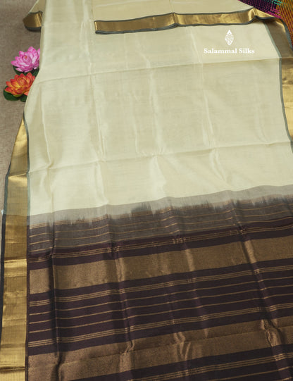 Half White Plain Pure Silk Cotton Saree With Gold Zari Border