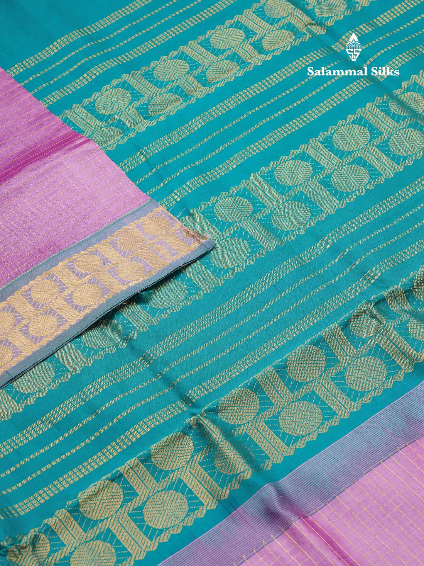 Beautiful Lavender Traditional Checks Semi Silk Cotton Saree With Sapphire Green Border