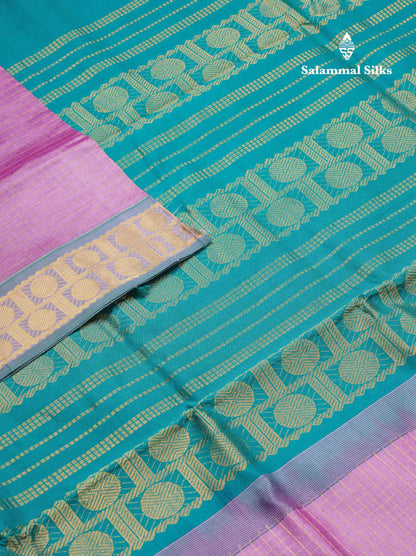 Beautiful Lavender Traditional Checks Semi Silk Cotton Saree With Sapphire Green Border