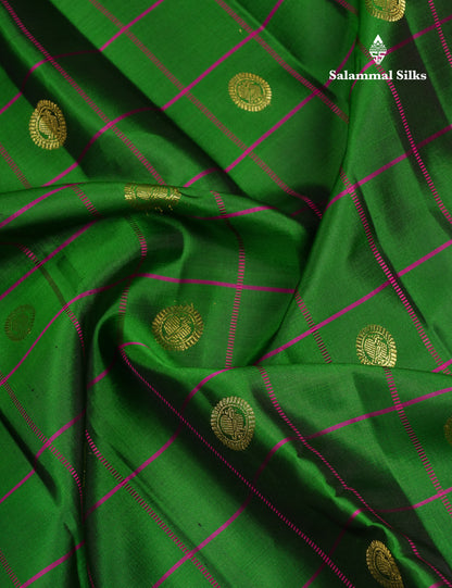 Beautiful Bottle Green Checks With Butta Pure Kanjivaram Silk Saree With Contrast Magenta Traditional Medium Gap Border