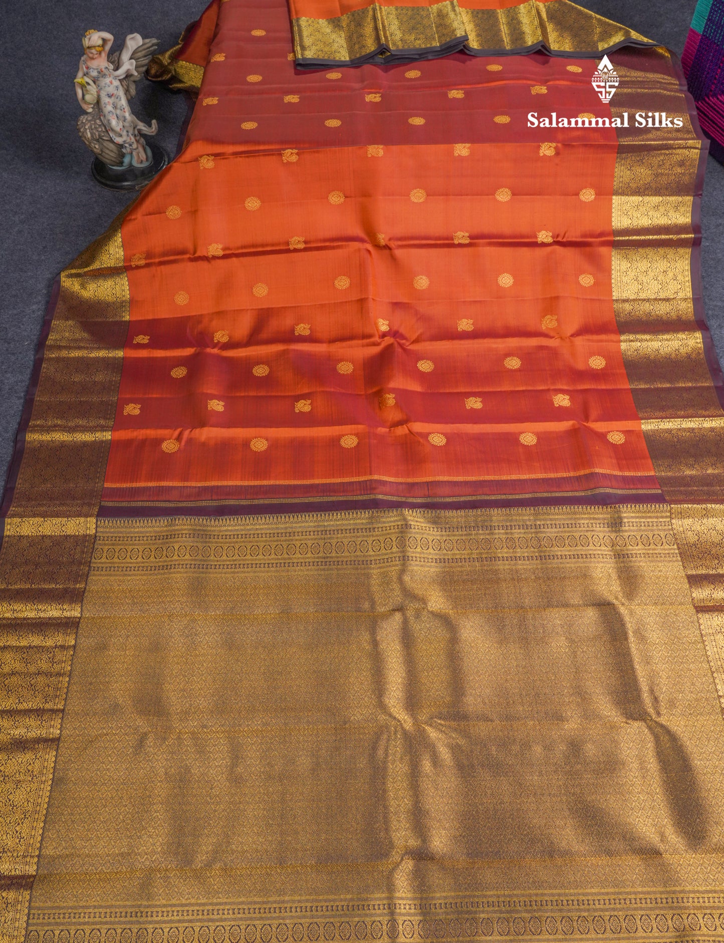 Rust Orange Traditional Butta Pure Kanjivaram Silk Saree With Contrast Dark Brown Border