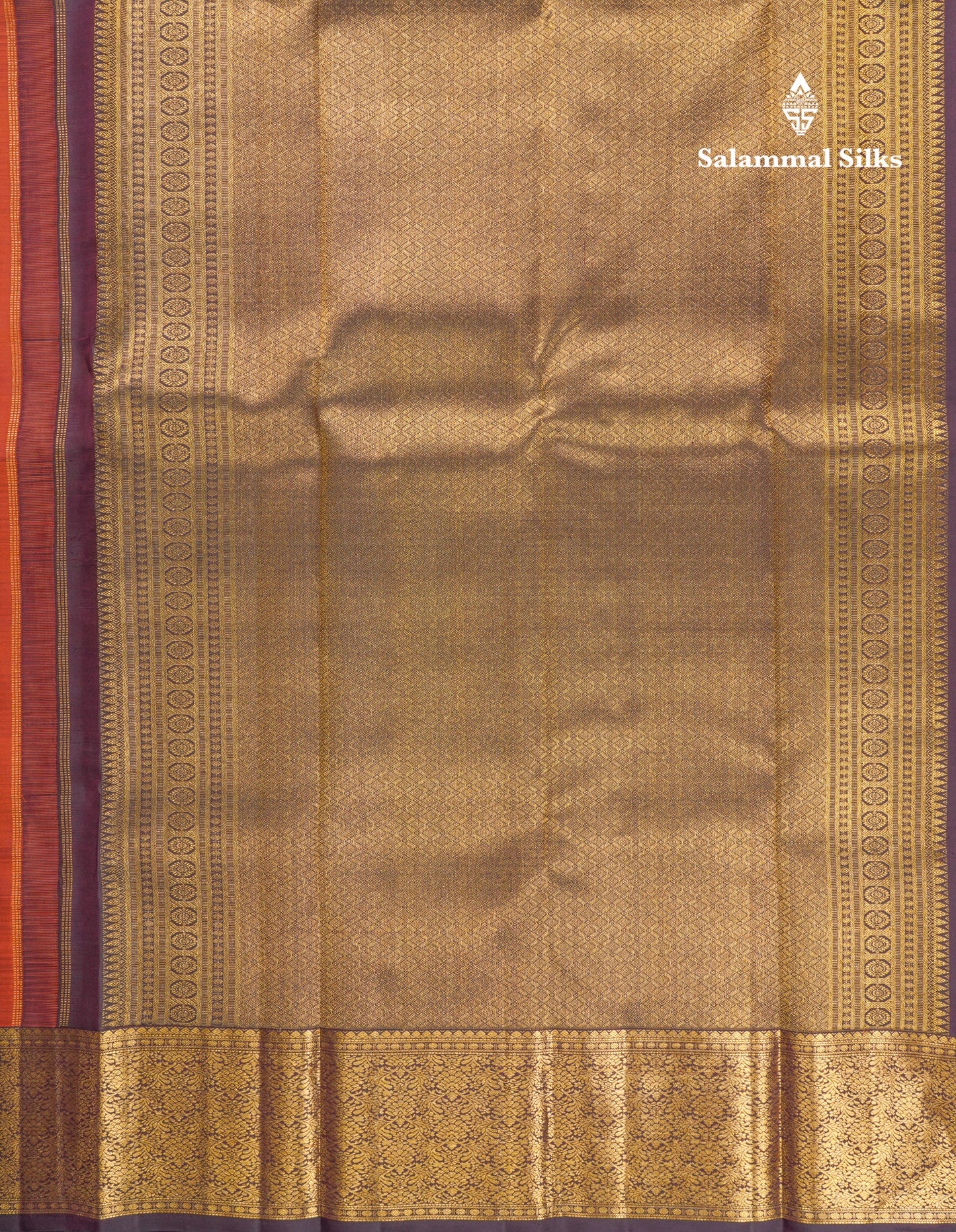 Rust Orange Traditional Butta Pure Kanjivaram Silk Saree With Contrast Dark Brown Border