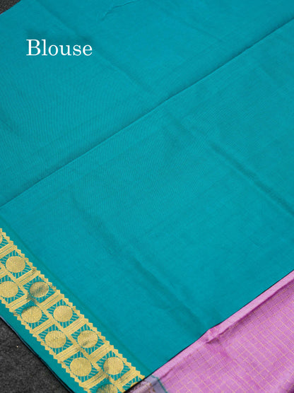 Beautiful Lavender Traditional Checks Semi Silk Cotton Saree With Sapphire Green Border