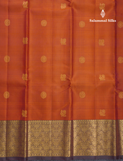 Rust Orange Traditional Butta Pure Kanjivaram Silk Saree With Contrast Dark Brown Border