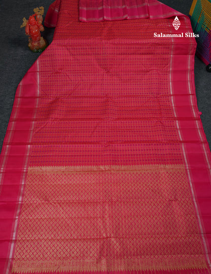 Beautiful Dual Tone Pinkish Red Pure Kanjivaram Silk Saree With Traditional Gap Border