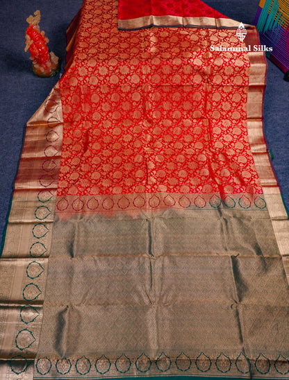 Beautiful Chilly Red Bridal Pure Kanjivaram Silk Saree With Traditional Evening Morning Border