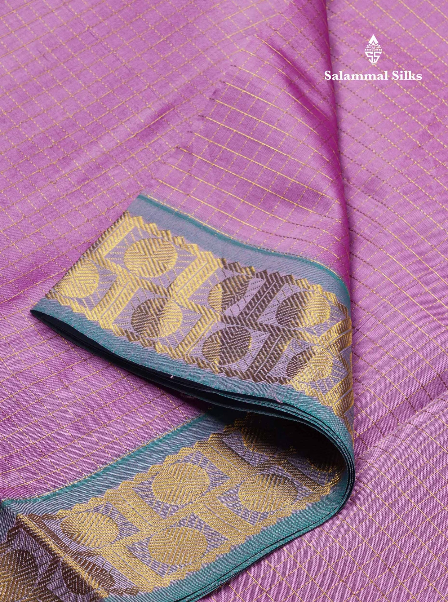 Beautiful Lavender Traditional Checks Semi Silk Cotton Saree With Sapphire Green Border