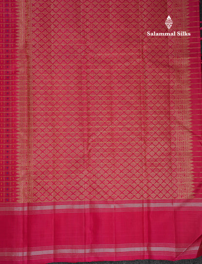 Beautiful Dual Tone Pinkish Red Pure Kanjivaram Silk Saree With Traditional Gap Border