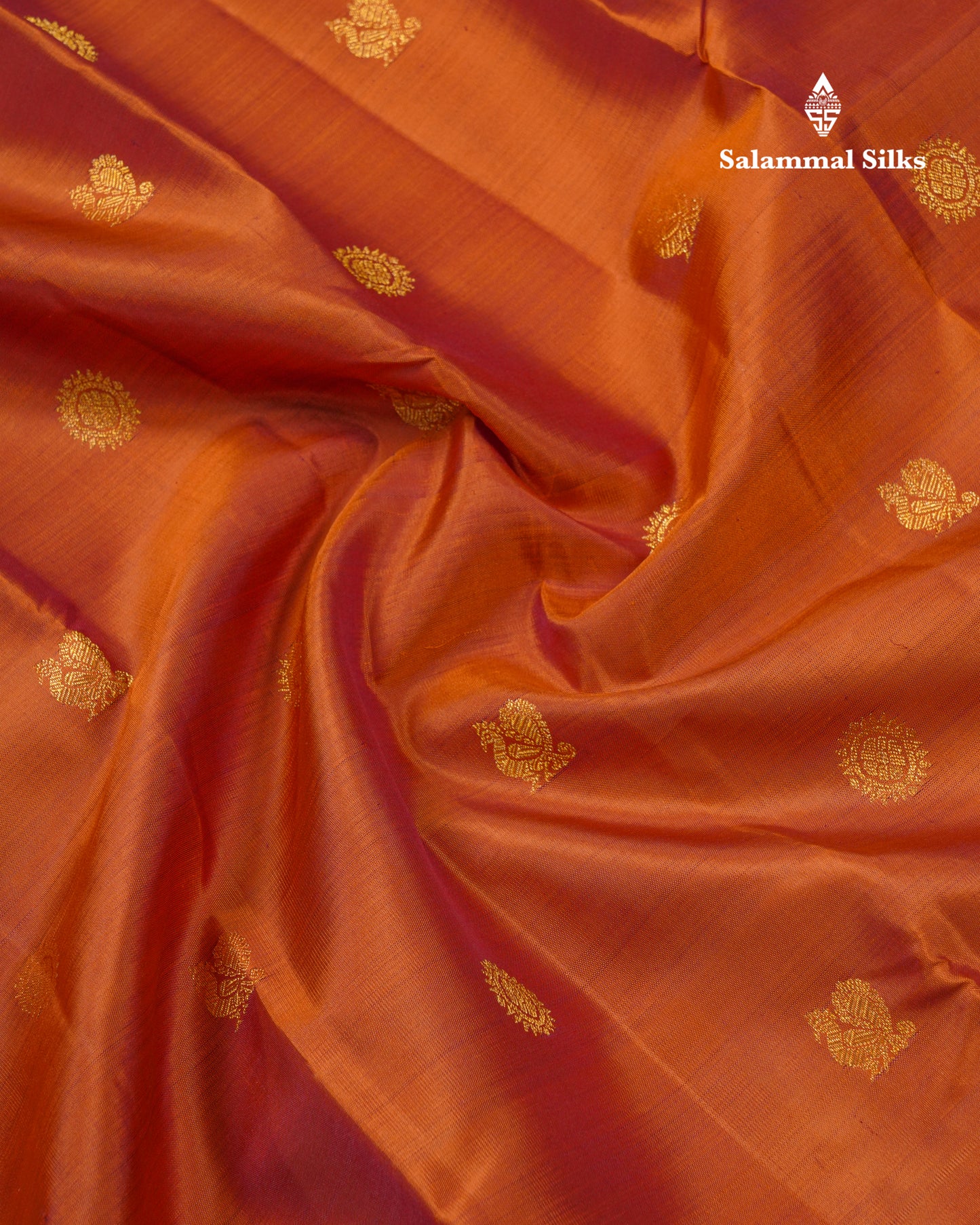 Rust Orange Traditional Butta Pure Kanjivaram Silk Saree With Contrast Dark Brown Border