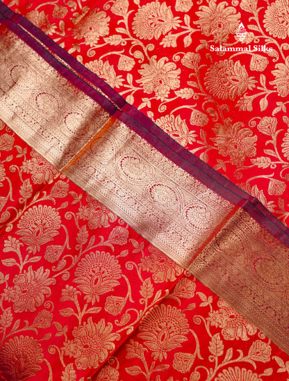 Beautiful Chilly Red Bridal Pure Kanjivaram Silk Saree With Traditional Evening Morning Border