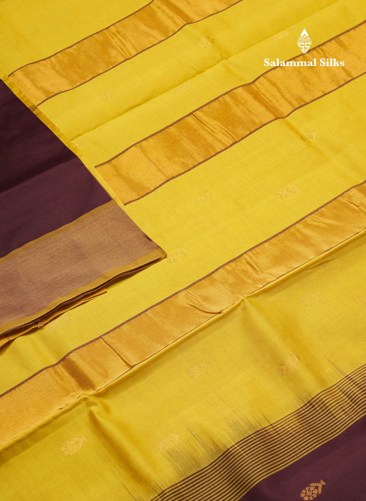 Beautiful Dark Brown Zari Butta Semi Silk Cotton Saree With Contrast Lemon Yellow Tissue Border