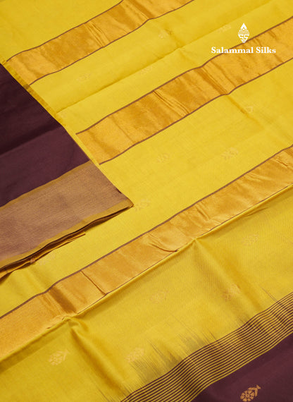 Beautiful Dark Brown Zari Butta Semi Silk Cotton Saree With Contrast Lemon Yellow Tissue Border