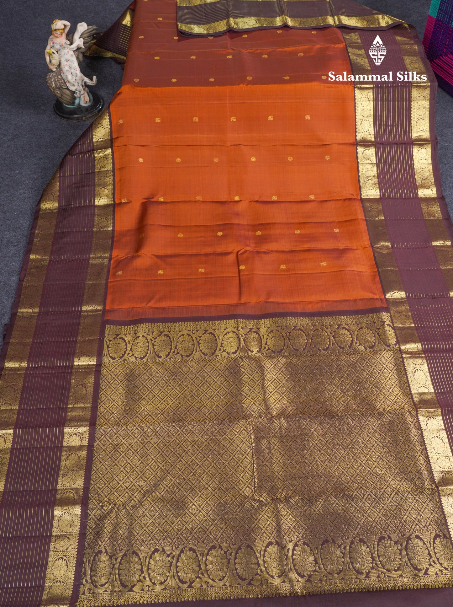 Rust Orange Pure Kanjivaram Silk Saree With Contrast Dark Brown Traditional Border