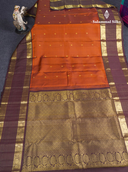 Rust Orange Pure Kanjivaram Silk Saree With Contrast Dark Brown Traditional Border