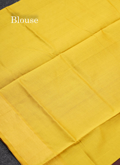 Beautiful Dark Brown Zari Butta Semi Silk Cotton Saree With Contrast Lemon Yellow Tissue Border