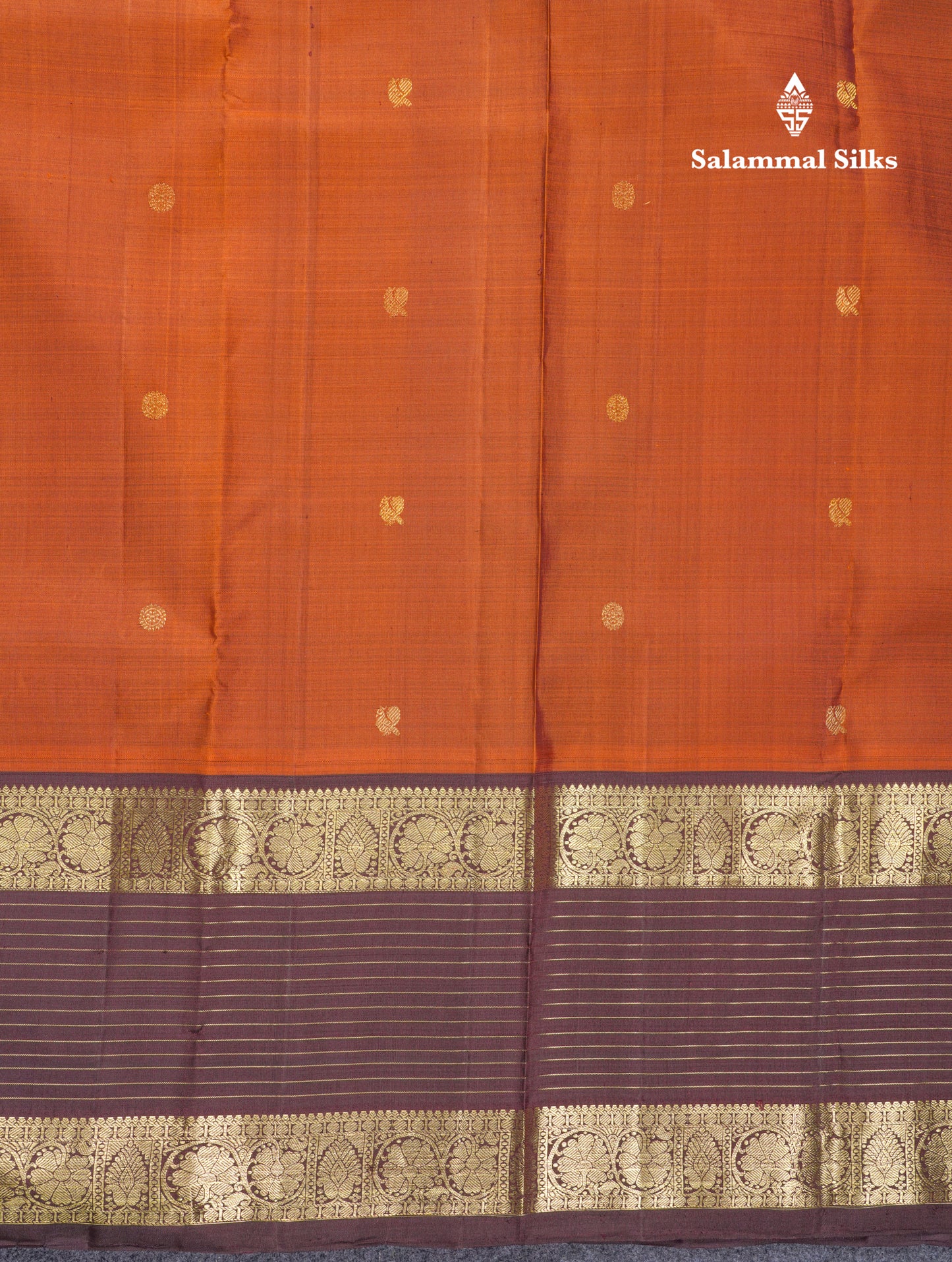 Rust Orange Pure Kanjivaram Silk Saree With Contrast Dark Brown Traditional Border