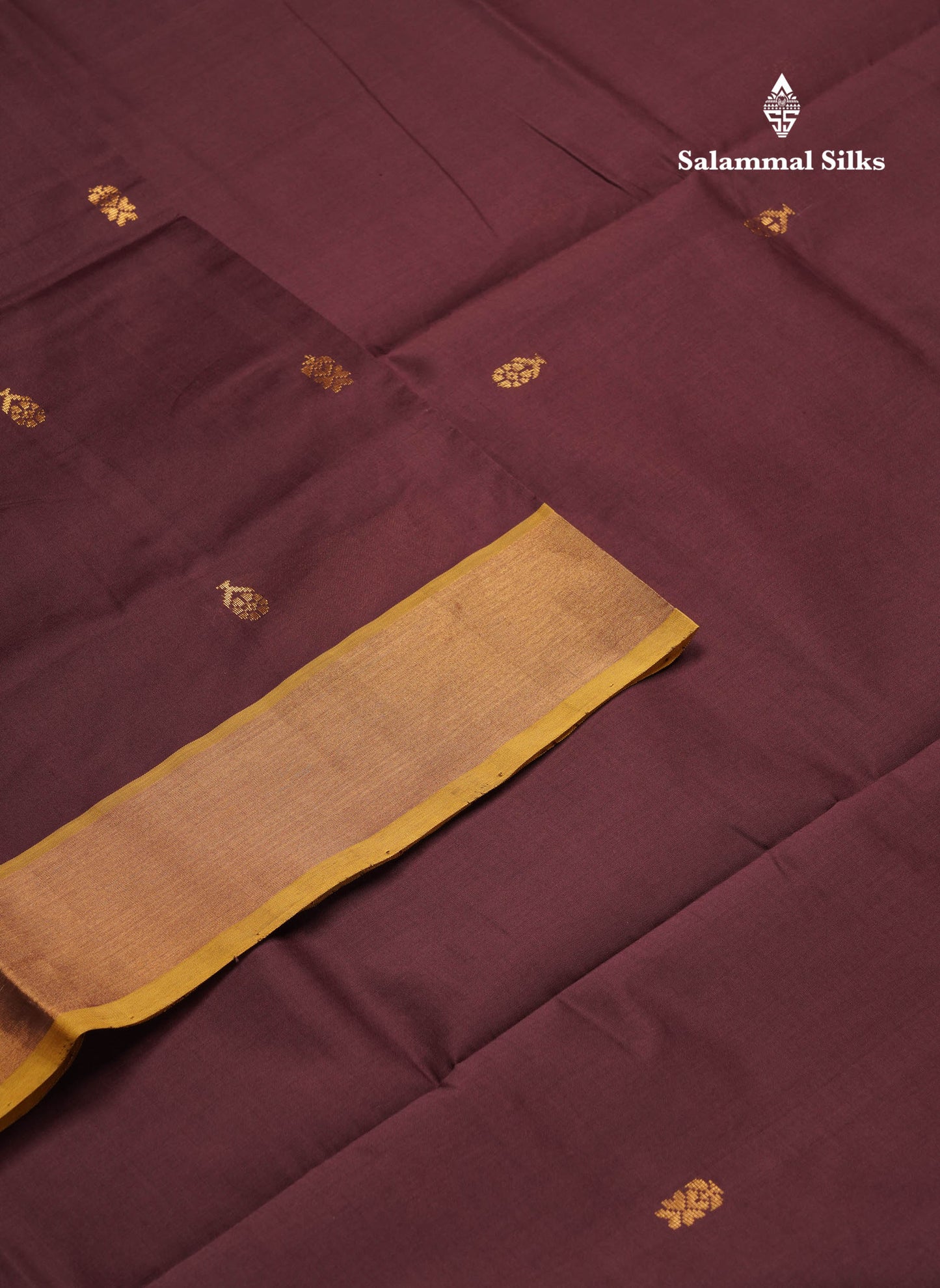 Beautiful Dark Brown Zari Butta Semi Silk Cotton Saree With Contrast Lemon Yellow Tissue Border