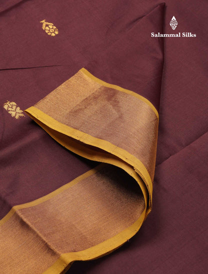 Beautiful Dark Brown Zari Butta Semi Silk Cotton Saree With Contrast Lemon Yellow Tissue Border