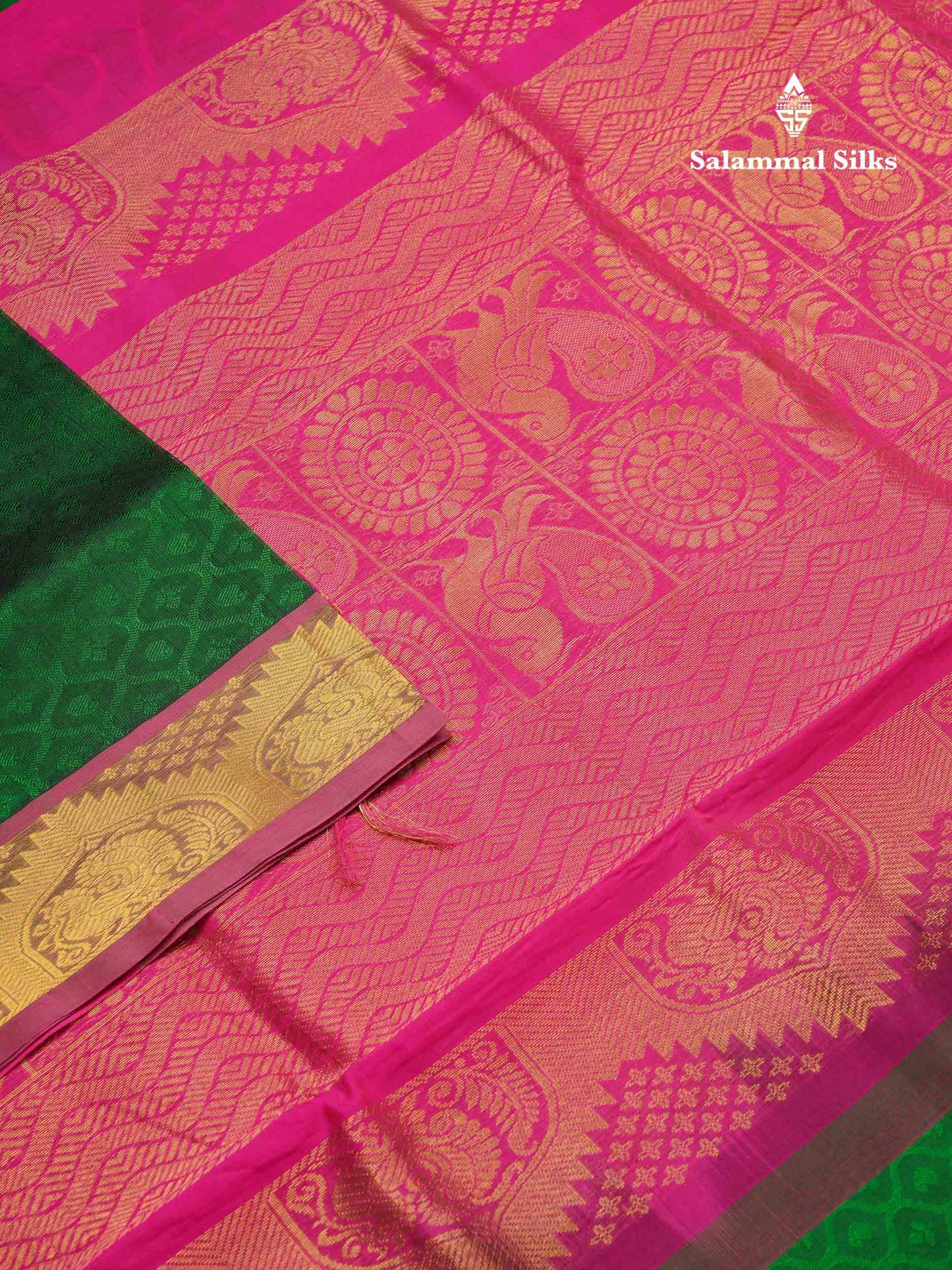 Beautiful Bottle Green Empose Design Pure Silk Cotton Saree With Gold Zari Borer
