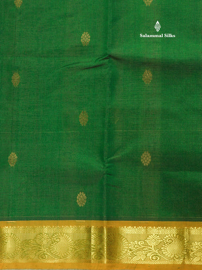 Bottle Green Traditional Vaira Oosi Butta Pure Silk Cotton Saree With Contrast Mustard Yellow Border