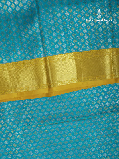 Kanjivaram Beautiful Ramar Blue Gold And Silver Daimond Buttas Pure Silk Saree With Mustard Yellow Border