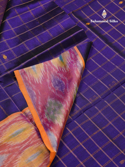Violet Checks With Butta Pure Silk Cotton Saree With Tissue Ekkat Deisgn Border
