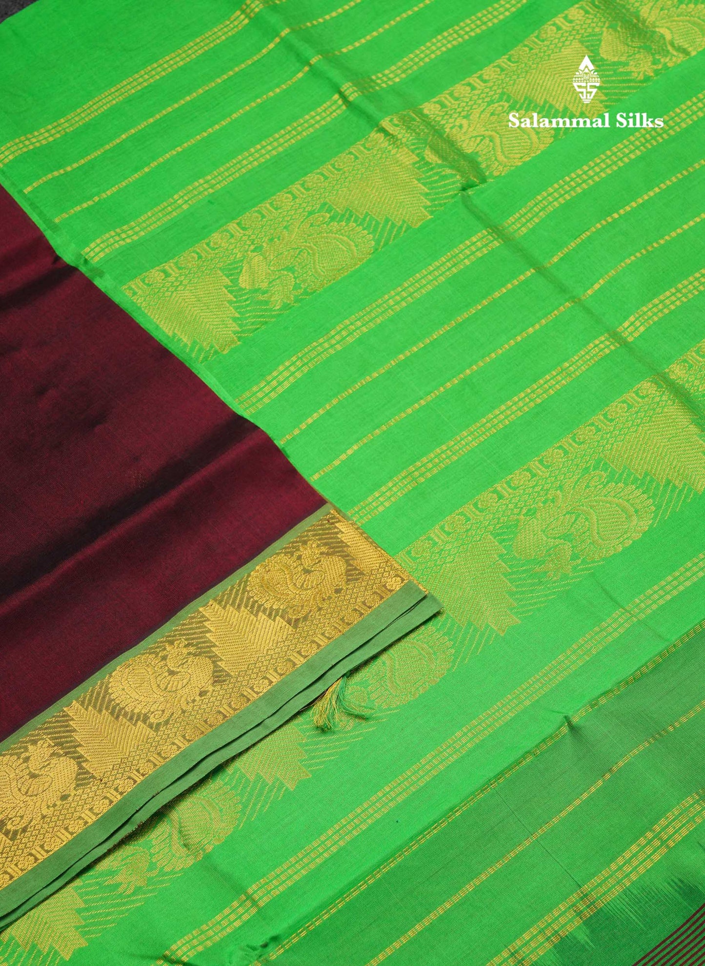 Beautiful Dark Violet Handloom Pure Silk Cotton Saree With Green Traditional Border