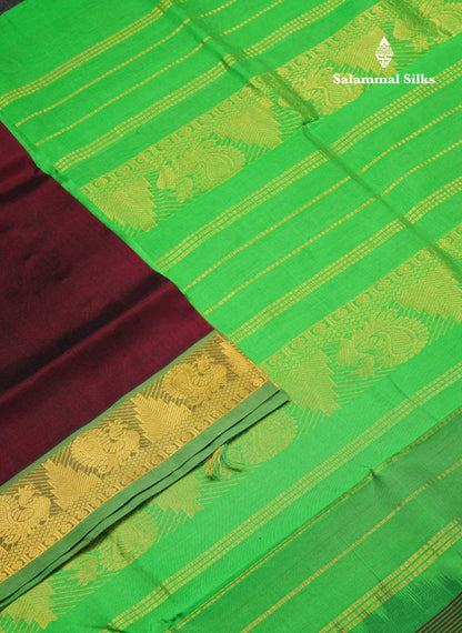 Beautiful Dark Violet Handloom Pure Silk Cotton Saree With Green Traditional Border