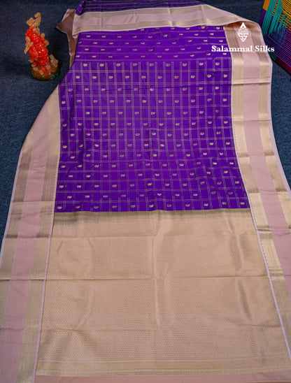 Beautiful Violet Zari Checks With Butta Semi Silk Saree With Contrast Light Chocolate Traditional Rettapet Border