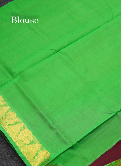 Beautiful Dark Violet Handloom Pure Silk Cotton Saree With Green Traditional Border