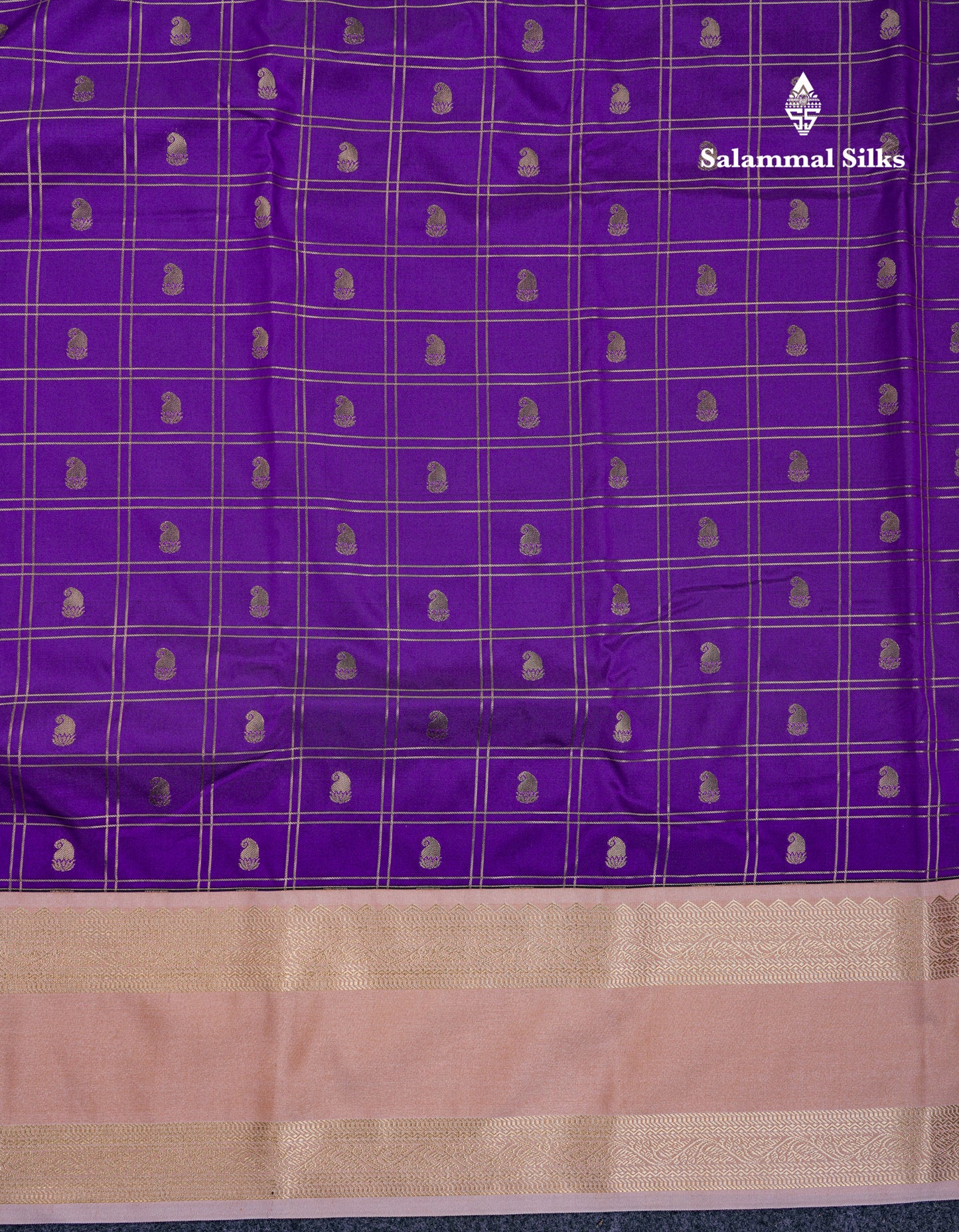 Beautiful Violet Zari Checks With Butta Semi Silk Saree With Contrast Light Chocolate Traditional Rettapet Border
