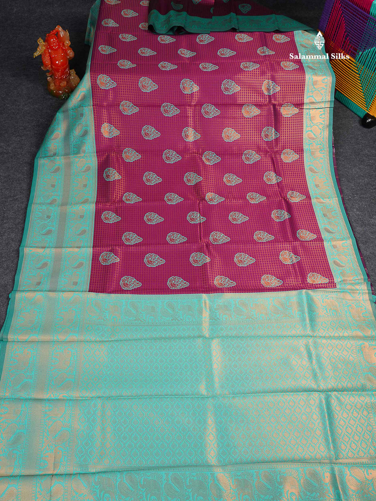 Semi Silk Saree - Magenta Colour Body Small Checks With Butta & Sea Green Traditional Evening Morning Border
