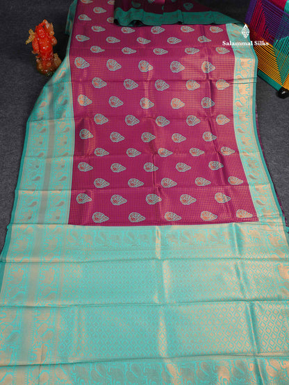 Semi Silk Saree - Magenta Colour Body Small Checks With Butta & Sea Green Traditional Evening Morning Border