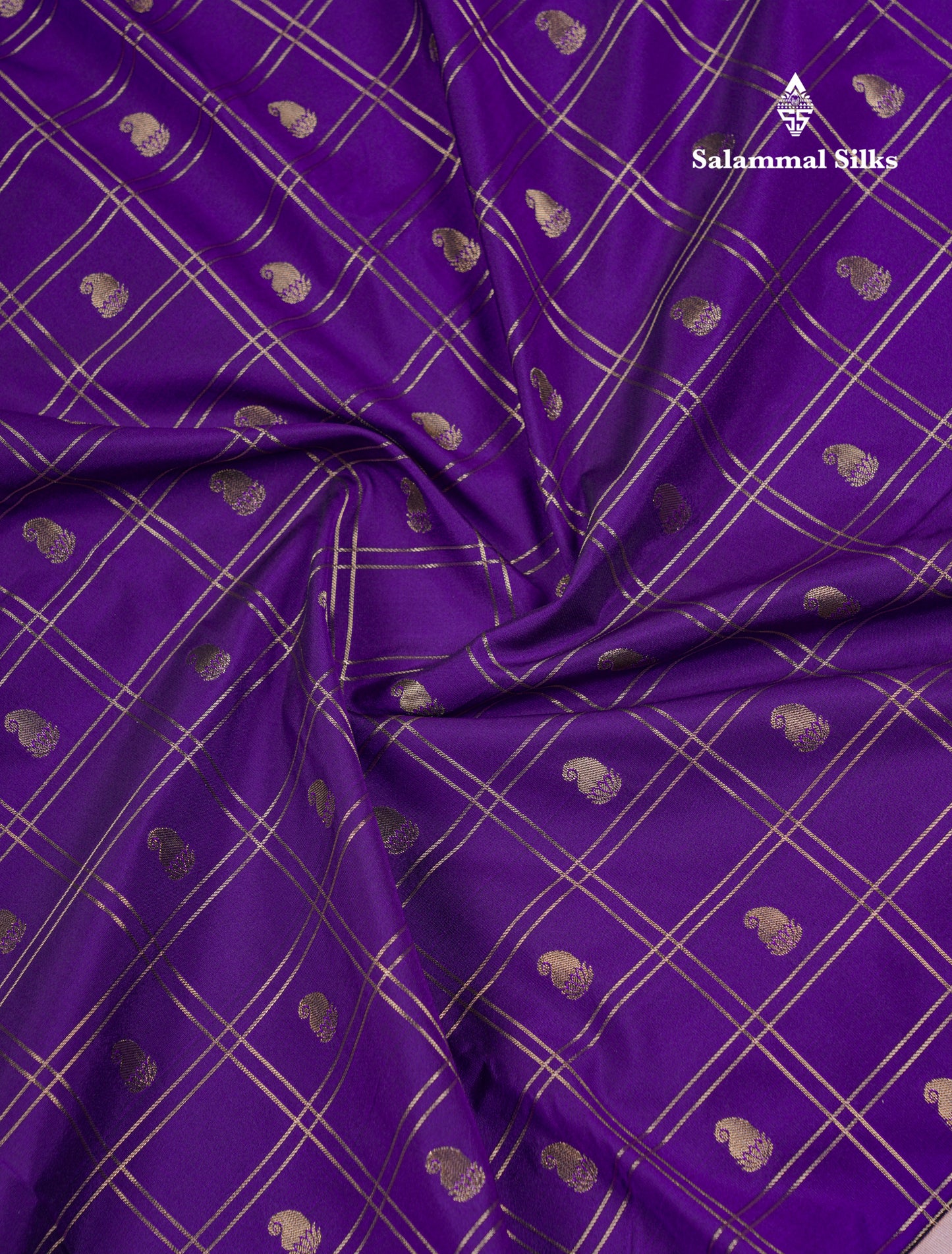 Beautiful Violet Zari Checks With Butta Semi Silk Saree With Contrast Light Chocolate Traditional Rettapet Border