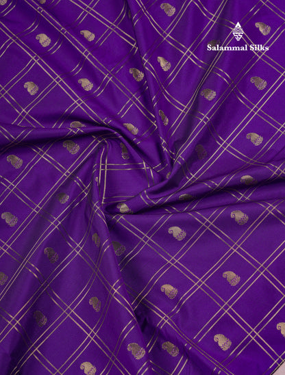 Beautiful Violet Zari Checks With Butta Semi Silk Saree With Contrast Light Chocolate Traditional Rettapet Border