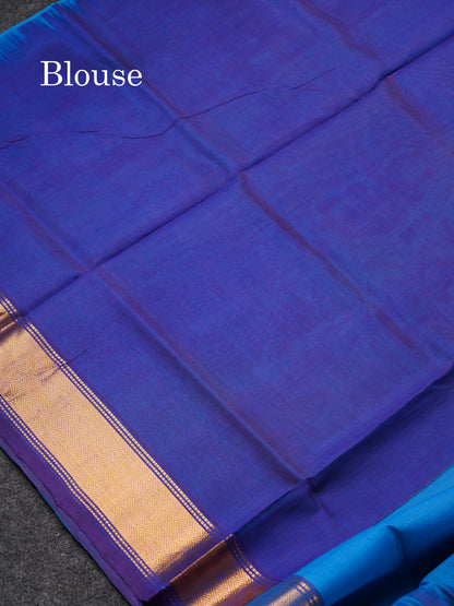 Ramar Blue Plain Pure Silk Cotton Saree With Contrast Royal Blue Blouse