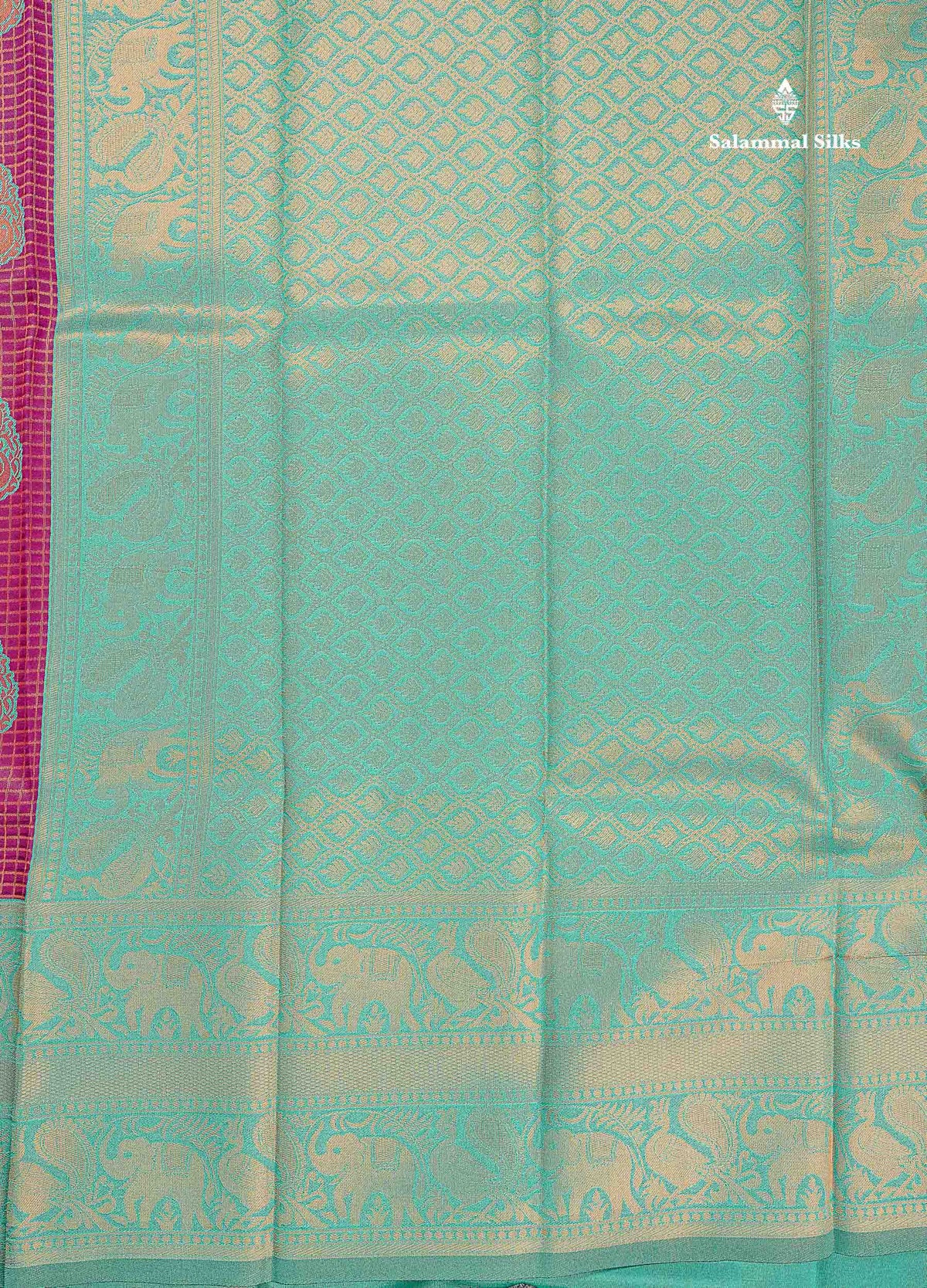 Semi Silk Saree - Magenta Colour Body Small Checks With Butta & Sea Green Traditional Evening Morning Border