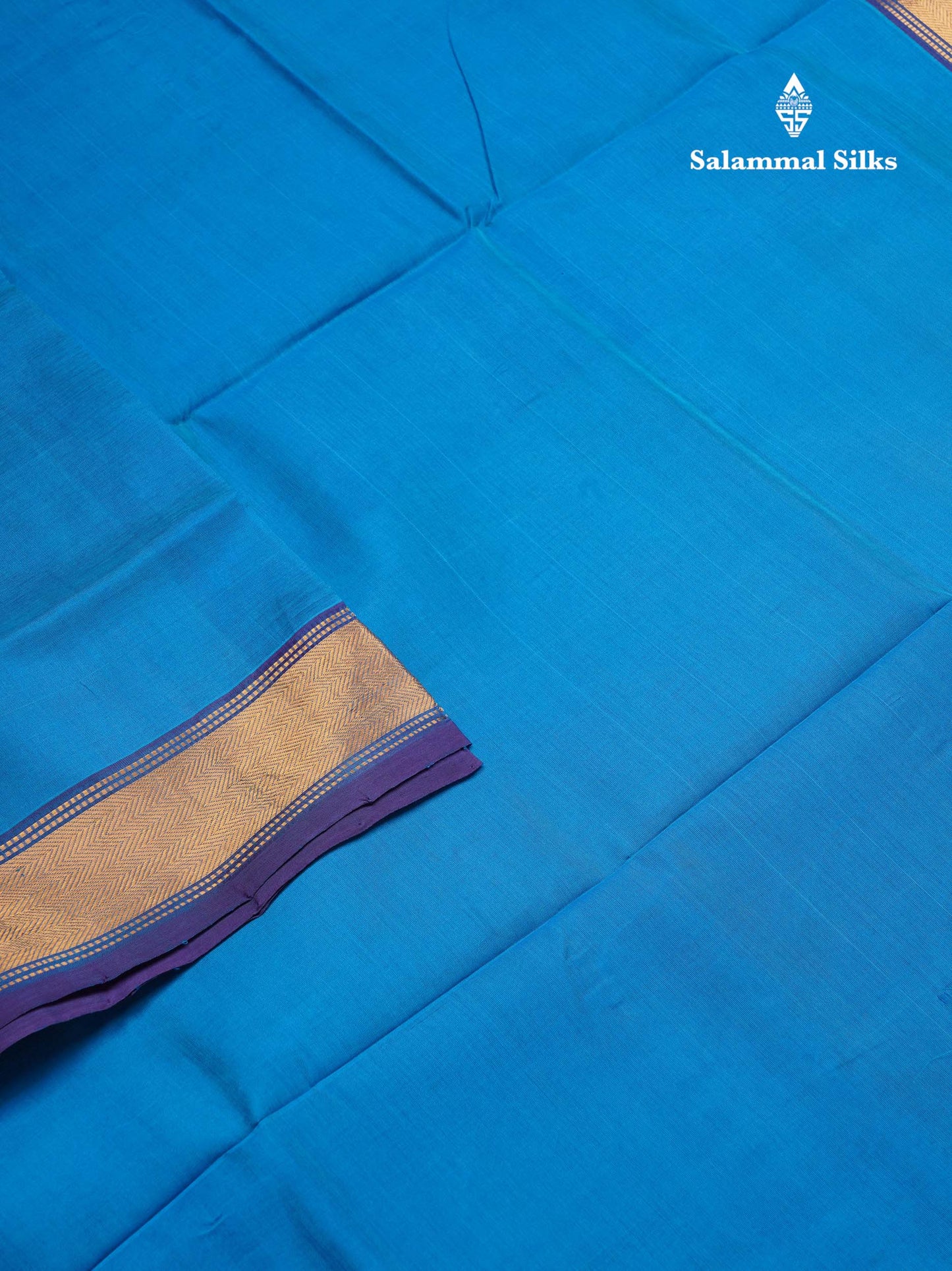 Ramar Blue Plain Pure Silk Cotton Saree With Contrast Royal Blue Blouse