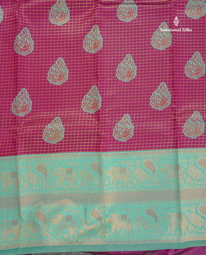 Semi Silk Saree - Magenta Colour Body Small Checks With Butta & Sea Green Traditional Evening Morning Border