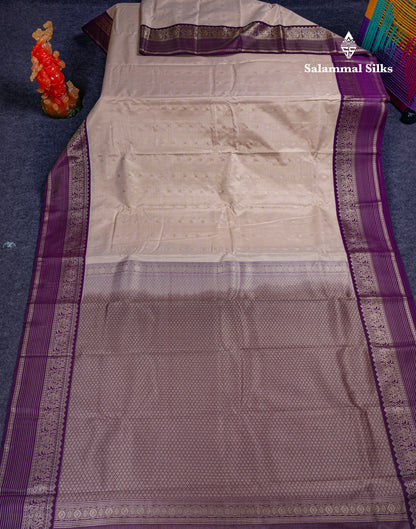 Beautiful Cream Sandal Vaira Oosi Semi Silk Saree With Contrast Dark Magenta Traditional Border