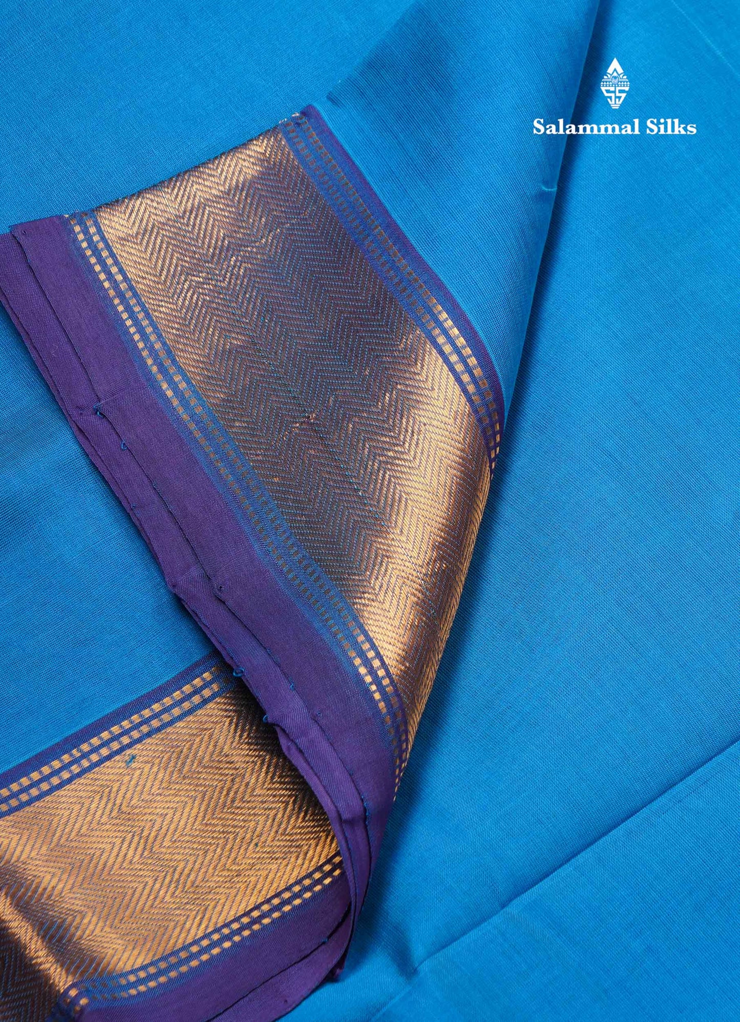 Ramar Blue Plain Pure Silk Cotton Saree With Contrast Royal Blue Blouse