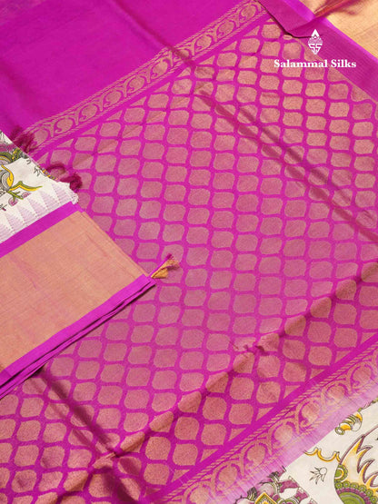White Printed Pure Silk Cotton Saree With Contrast Vadamalli Traditional Temple Border