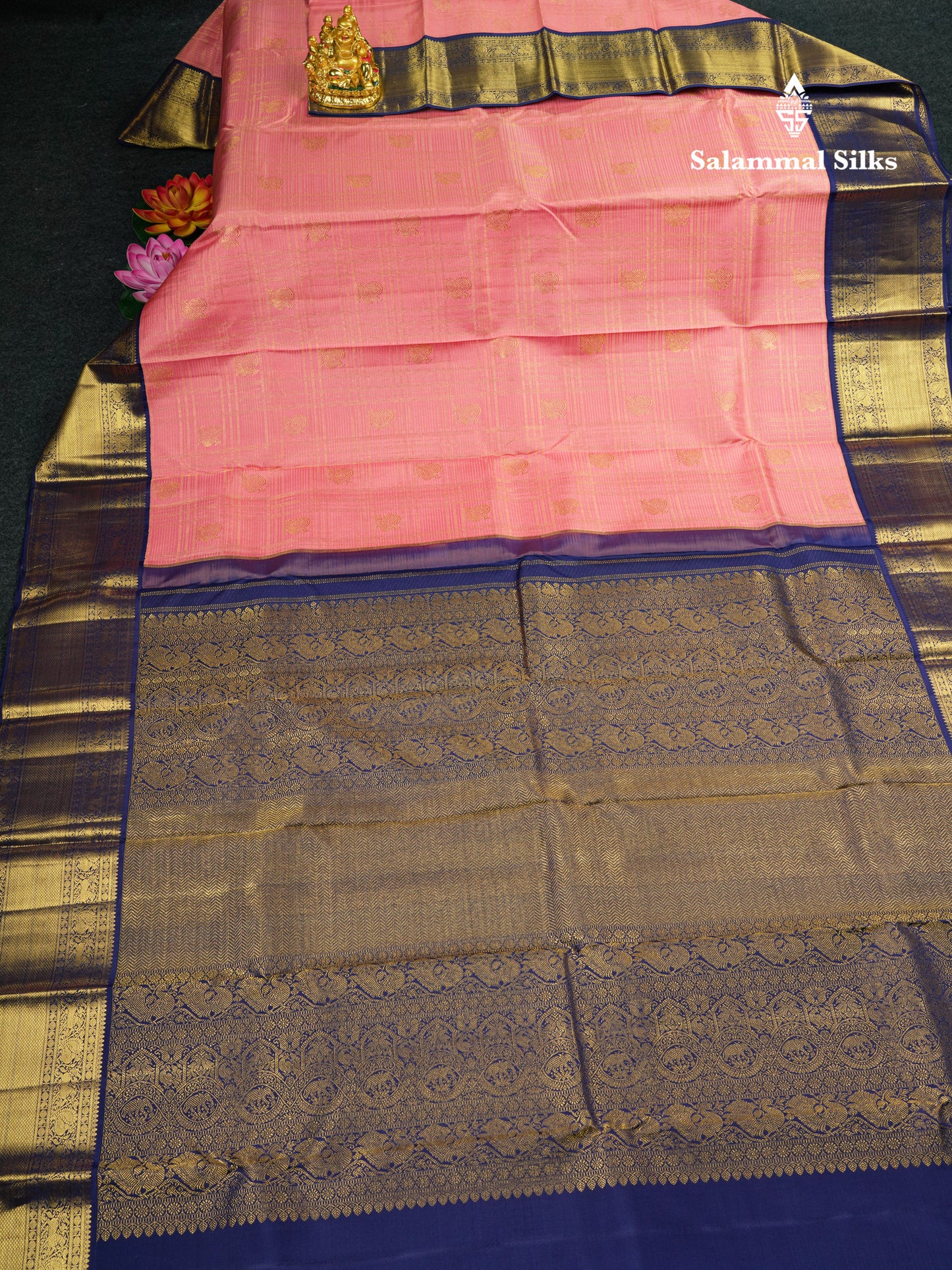 Kanjivaram Korvai Traditional Checks Baby Pink Silk Saree With Violet  Border